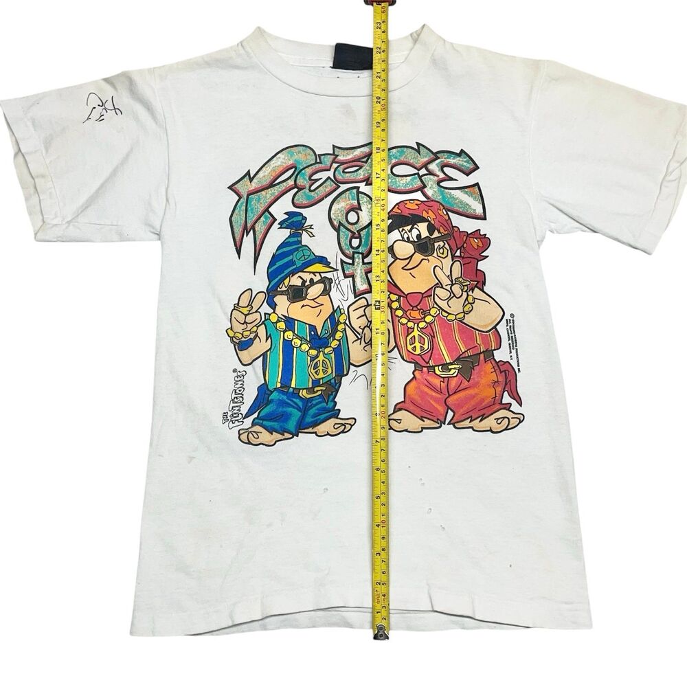 Vintage 90s Flintstones Shirt Fred Barney Peace Out Hip Hop Rap Changes Size L - Picture 4 of 11
